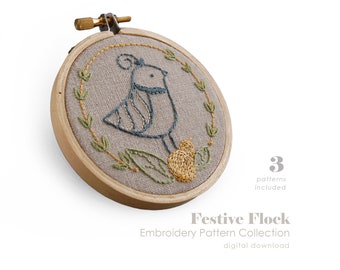 Embroidery Patterns | FESTIVE FLOCK Holiday Hand Embroidery Patterns | Holiday Birds Embroidery Designs | Bird Patterns | digital download