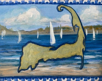 Sailboats Ocean Sea Landscape Cape Cod Map Original signed Acrylic Painting  5 "x 7"