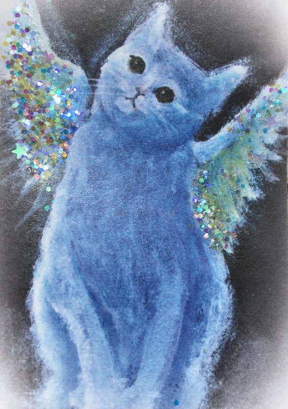 ACEO Free Shipping Gray Cat with teapots print from Original Watercolor painting
