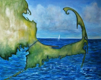 Map Painting of Cape Cod MA. SailboatLandscape  signed Acrylic   16"x20"