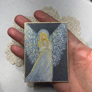 Engel Gemälde Original MINIATUR Acryl spirituelle Heilung Energie religiös 2,5 "x 3,5"