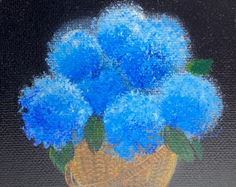 Small Painting Blue Hydrangeas Original signed Acrylic Art 4x4"