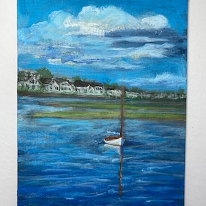 Framed Acrylic Painting Sailboat Ocean Sea Marsh FREE SHIPPING