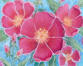 Original Acrylic Painting Beach Roses Pink Floral Signed 12"x 12" Free shipping