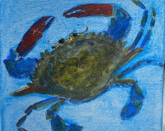 Small Painting Blue Crab Original signed Acrylic Art 4x4"