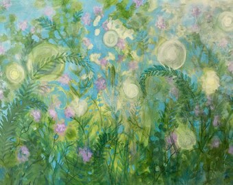 Original Acrylic Painting Orbs Bubbles Magical Landscape Seascape Impressionism Signed 24"x 36"