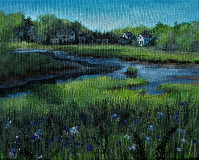 Trees Pond River Marsh Original Acrylic Landscape Painting 8x10 Free shipping image 5