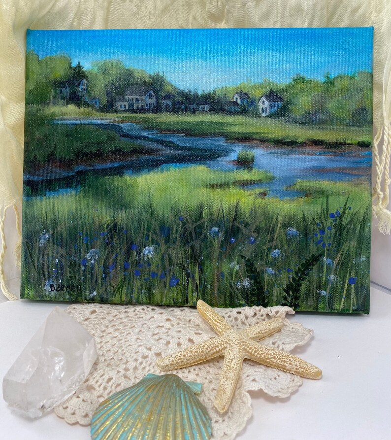 Trees Pond River Marsh Original Acrylic Landscape Painting 8x10 Free shipping image 6