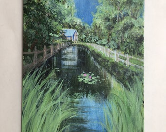 Original signed Acrylic Painting Pond House Trees Cape Cod 6 "x 4"