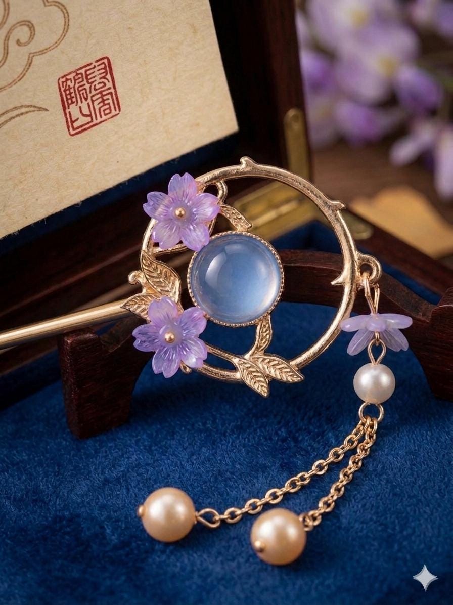 Handmade Jade moonstone flower Hair Stick: Titanium Steel gold Hair pin