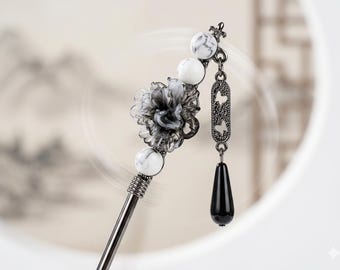 Handmade Grey flower Hair pin: Titanium Steel Pearl & Peony Hairpin Hair stick