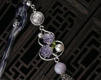 Handmade Chinese purple rose hair pin: Vintage Crystal Pearl Gourd Hair stick
