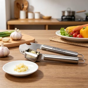May include: A stainless steel garlic press with the name "Gillian" engraved on the handle. The press is open, revealing pressed garlic. A small white plate holds a pile of minced garlic. Garlic bulbs and green onions are on a wooden cutting board.