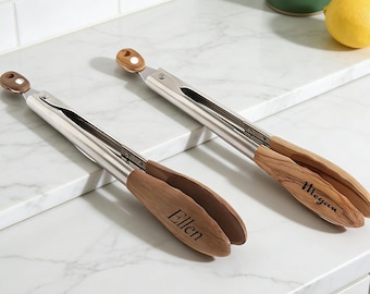 Personalized Olive Wood & Black Walnut Food Tongs – Elegant Wooden Serving Tongs with Stainless Steel for Tea, Bread  Desserts