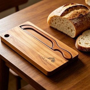 May include: Wooden bread board with a matching bread knife. The board has a groove for the knife and a hole for hanging. The board is engraved with the name "Antonia" and the date "1.17.2025". A loaf of bread is next to the board.