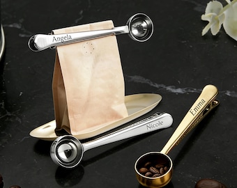 Personalized Stainless Steel 2-in-1 Coffee Scoop & Bag Clip – Custom Engraved Measuring Spoon for Coffee Beans, Powder
