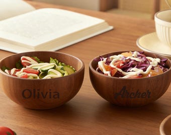 Personalized Acacia Wood Salad Bowl — Natural Wooden Fruit & Snack Dish, Rustic Shallow Serving Bowl for Home  Kitchen
