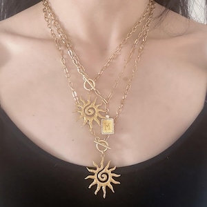 Vintage Gold Sun Pendant Necklace • Boho Statement Jewelry • Summer Festival Chain Choker • Celestial Necklace • Gift for Her