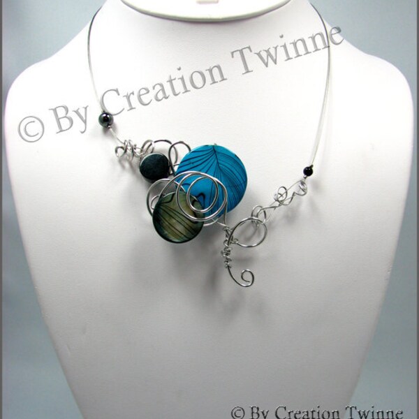 blue and black necklace, funky,necklace, wire work twisted, swirls,  bridesmaids necklace, delicate necklace, bridesmaids gifts