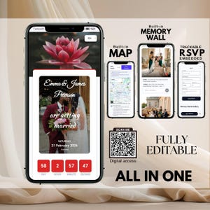 以下が含まれることがあります： スマートフォン画面には、「Emma & James Peterson」の名前と「are getting married」というテキストが表示された結婚式の招待状が表示されています。追加の画面には、地図、メモリーウォール、RSVPオプションが表示されています。「FULLY EDITABLE」と「ALL IN ONE」という言葉も表示されています。