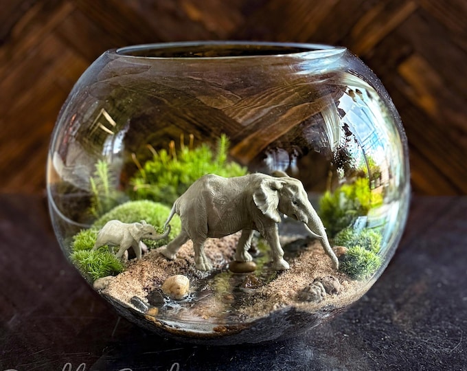 Featured listing image: Elephant Terrarium – Hand-Painted Miniature African Safari Scene with Mom and Baby in Glass Bowl