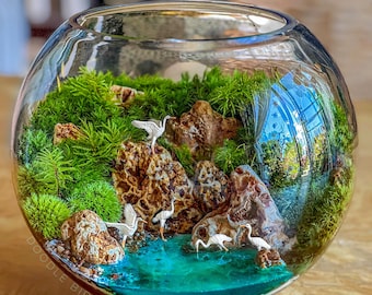 White Egret Terrarium with Beach Scene - Miniature Water Birds White Crane Decor