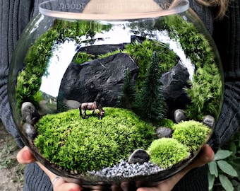 Country Pasture Terrarium with Grazing Horse in Large Glass Bowl