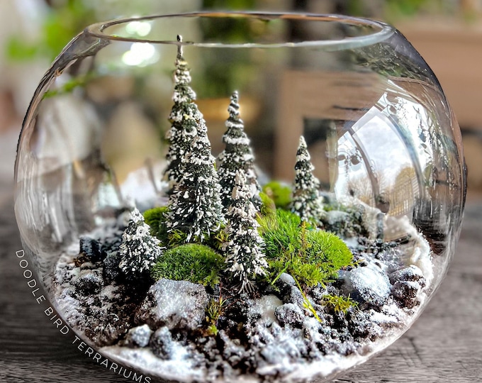 Featured listing image: Miniature Winter Pine Forest Terrarium: Handcrafted Snow Globe Decoration