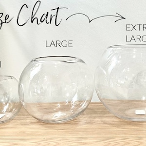 May include: Clear glass bowl vases in three sizes: Mini, Large, and Extra Large. The image shows the size chart with the text "Size Chart" at the top. The vases are displayed on a wooden surface.
