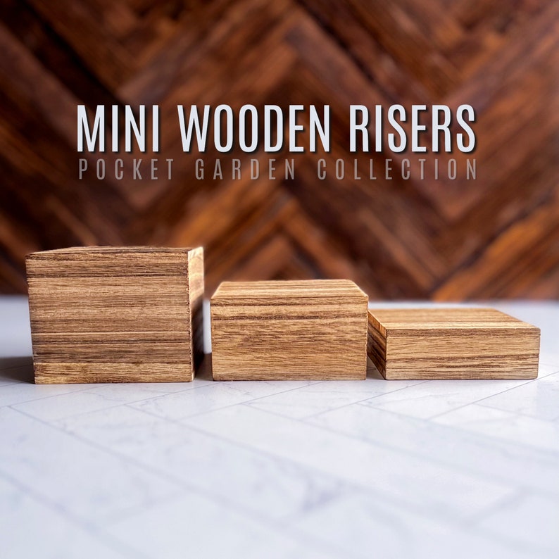 Puede incluir: Tres elevadores de madera de diferentes tama&ntilde;os, hechos de madera marr&oacute;n claro con un patr&oacute;n de veta natural. Los elevadores est&aacute;n dispuestos en una fila del m&aacute;s grande al m&aacute;s peque&ntilde;o, con el elevador m&aacute;s grande a la izquierda y el m&aacute;s peque&ntilde;o a la derecha. Los elevadores est&aacute;n sobre una superficie blanca. MINI WOODEN RISERS POCKET GARDEN COLLECTION