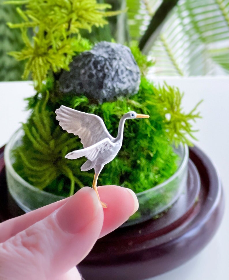 Terrarium Bird Miniatures: Hand-Painted Egret and Crane Figurines for Miniature Gardens and Bonsai image 1