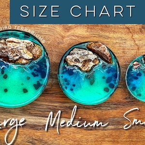 May include: Size chart for resin terrariums. Three round terrariums with a turquoise blue and green resin base, brown rocks, and black flecks. The terrariums are labeled "Large", "Medium", and "Small".