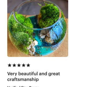 May include: A clear glass terrarium with vibrant green moss and small rocks. The terrarium has a blue resin base, creating a miniature landscape. The glass is round and the moss is lush.
