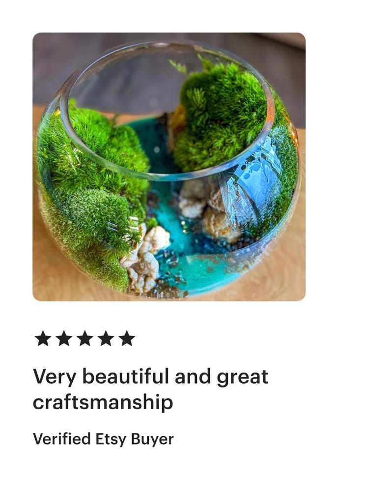 May include: A clear glass terrarium with vibrant green moss and small rocks. The terrarium has a blue resin base, creating a miniature landscape. The glass is round and the moss is lush.