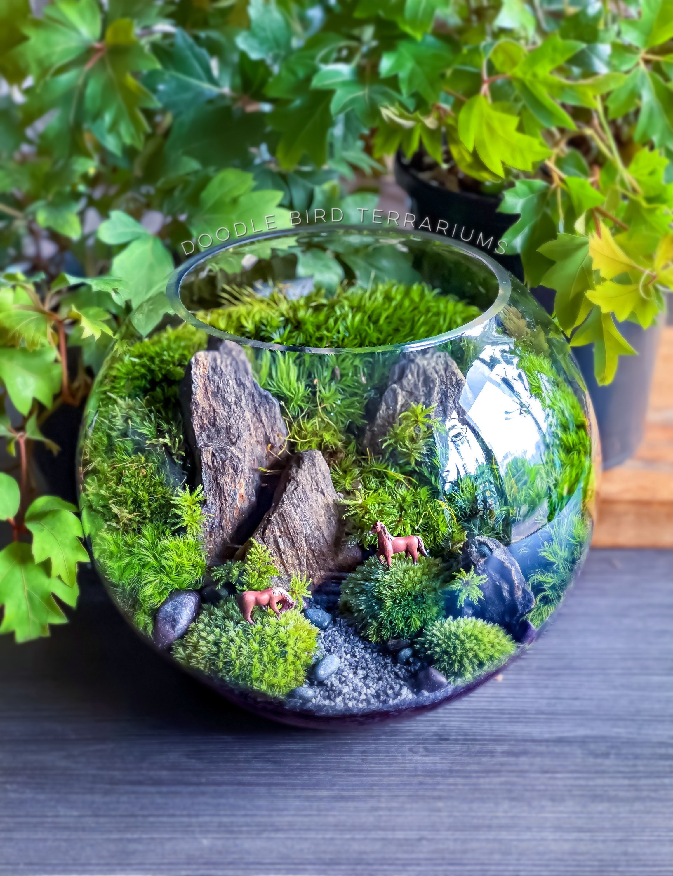 Country Pasture Terrarium with Grazing Horse in Large Glass Bowl