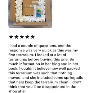 May include: An open cardboard box filled with white packing peanuts, containing a smaller brown box and a clear plastic bag with a small terrarium. Text at the top reads: "Terrariums are double-boxed and packed with protective, reusable materials to ensure they arrive safe and secure."