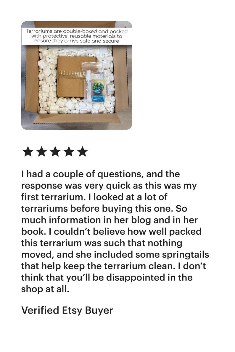 May include: An open cardboard box filled with white packing peanuts, containing a smaller brown box and a clear plastic bag with a small terrarium. Text at the top reads: "Terrariums are double-boxed and packed with protective, reusable materials to ensure they arrive safe and secure."