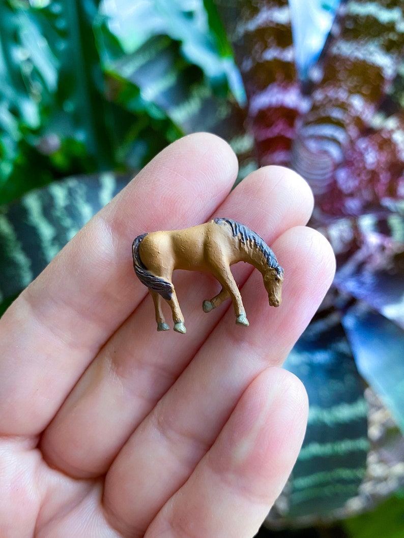 May include: A small brown horse figurine with a black mane and tail. The figurine is standing on a hand with green foliage in the background.