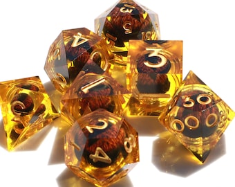 7-Piece DND Amber-Like Dice set, Sharp Edge Polyhedral Dice, Handmade Resin Dice with Dragon's Eyes, Rpg MTG Table Games