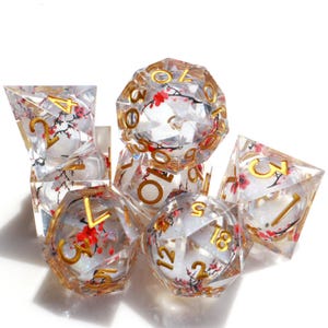 Rpg MTG Table Games, 7-Die DND Dice set Dice with Flowers, Sharp Edge Polyhedral Dice, Liquid Core Resin DND,  Quicksand Handmade Resin Dice