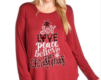 Ruby Red Joy Love Peace Believe Christmas Long Sleeve T-shirt *Plus Size*