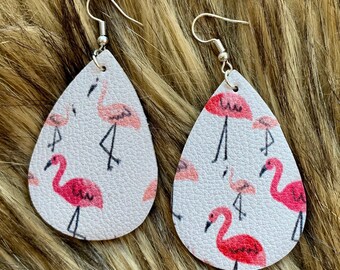 White Faux Leather Earrings with Flamingos #8