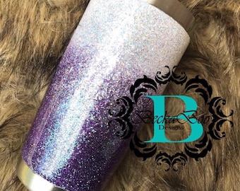 Silvery White and Purple Custom Glitter Tumbler with Free Monogram or Name