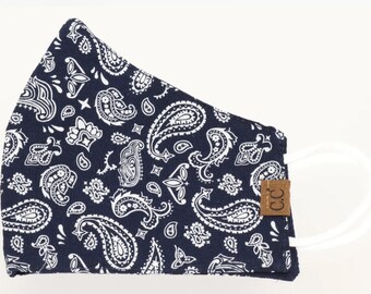 Authentic CC Beanie Face Mask - Navy and White Paisley with filter pocket