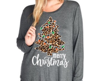Leopard Print Christmas Tree Long Sleeve Shirt *Plus Size*
