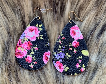 Black Faux Leather Earrings with Pink and Purple Flowers #4