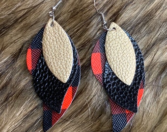 Buffalo Plaid, Black & Gold Faux Leather Earrings #1