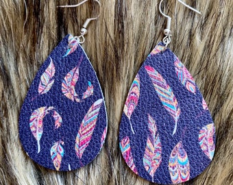 Navy Blue Faux Leather Earrings with Multicolored Feathers #9
