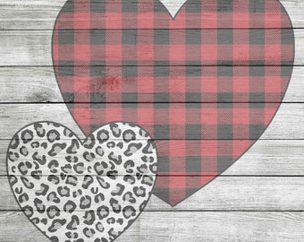 Buffalo Plaid and Grey Leopard Print Heart Sublimation Design - Instand Download JPEG