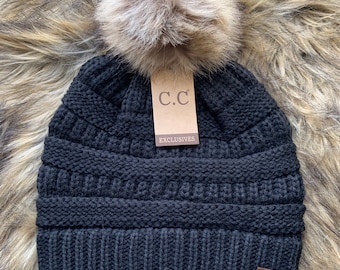 Black Fur Pom CC Brand Solid Knit Beanie